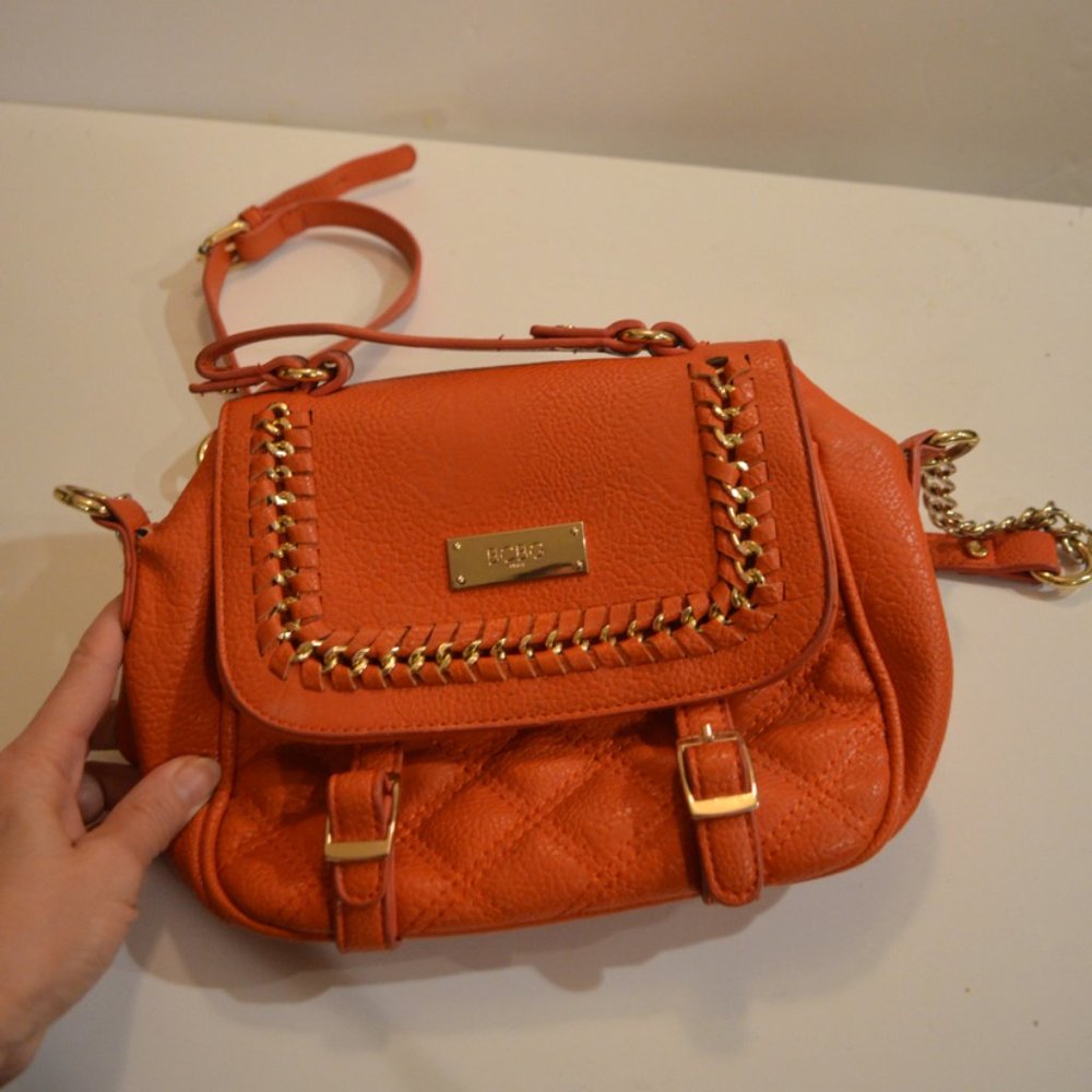 BCBG Paris Orange Gold Shoulder Crossbody Purse Small Soft Faux Leather 10.5'x8'